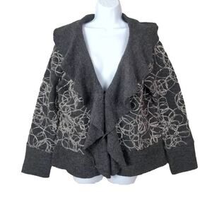 WILLI SMITH Women Cardigan Sweater Gray Boiled Wool Embroidered Flounce Collar L